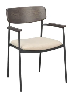 Maymont (ruokatuoli käsinojilla, ruskea tammi selkänoja / beige kangas / musta metalli, pinottava)